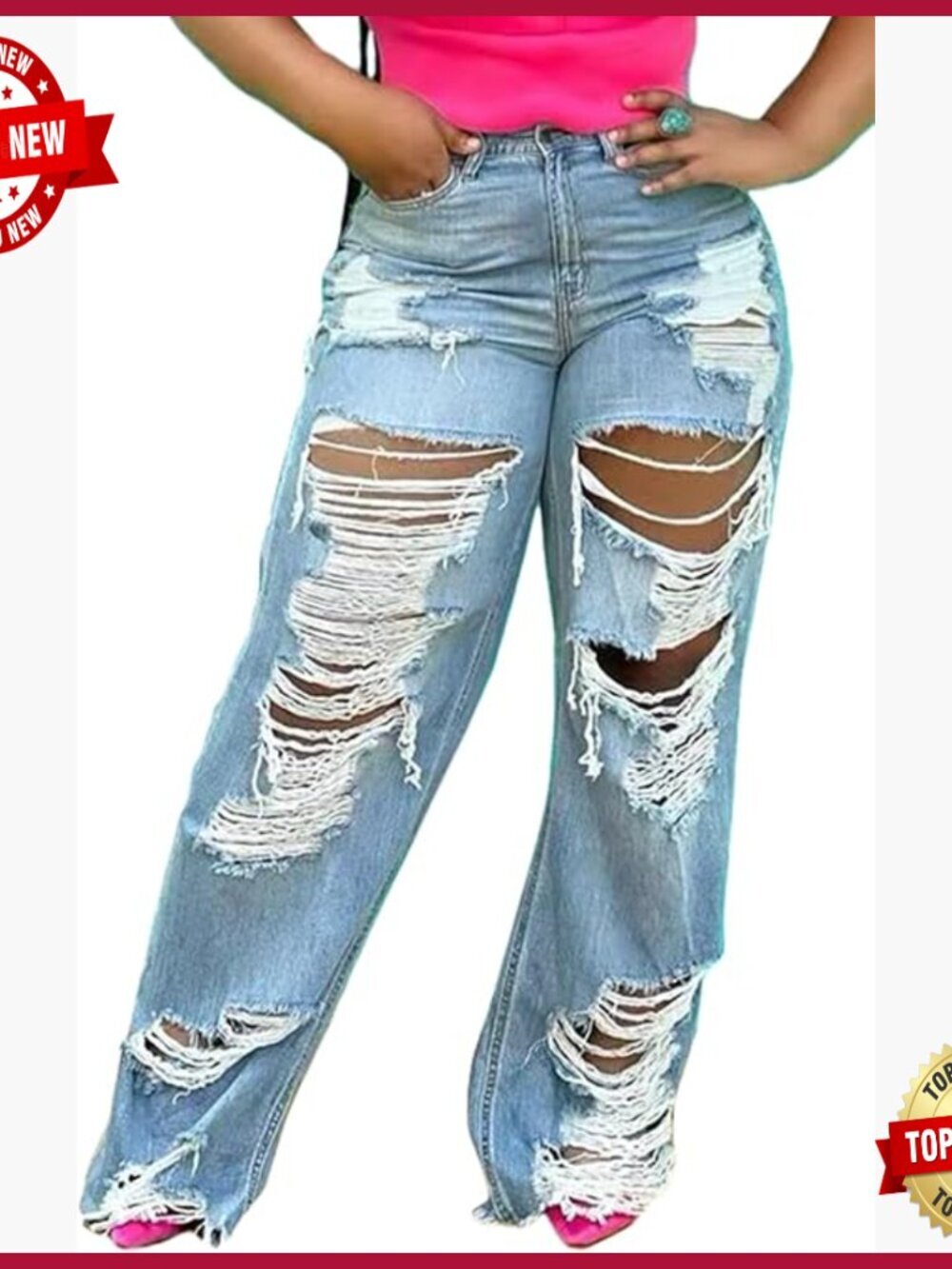 Distressed Ripped High Waisted Wide Leg Denim Jeans Y2K Streetwear